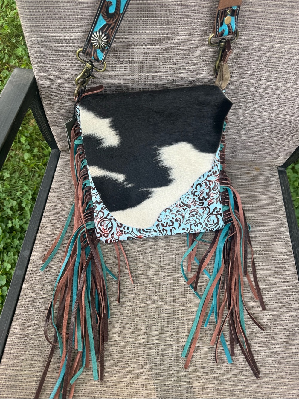 Myra Cobal Blue Concealed Carry Hairon Calf Hair Leather Crossbody Fringe - Picture 2 of 7